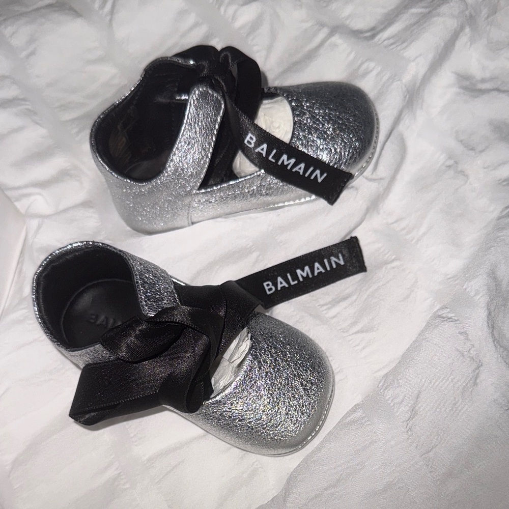 Balmain Silver Infant Mary Jane Shoes with Black Ribbon